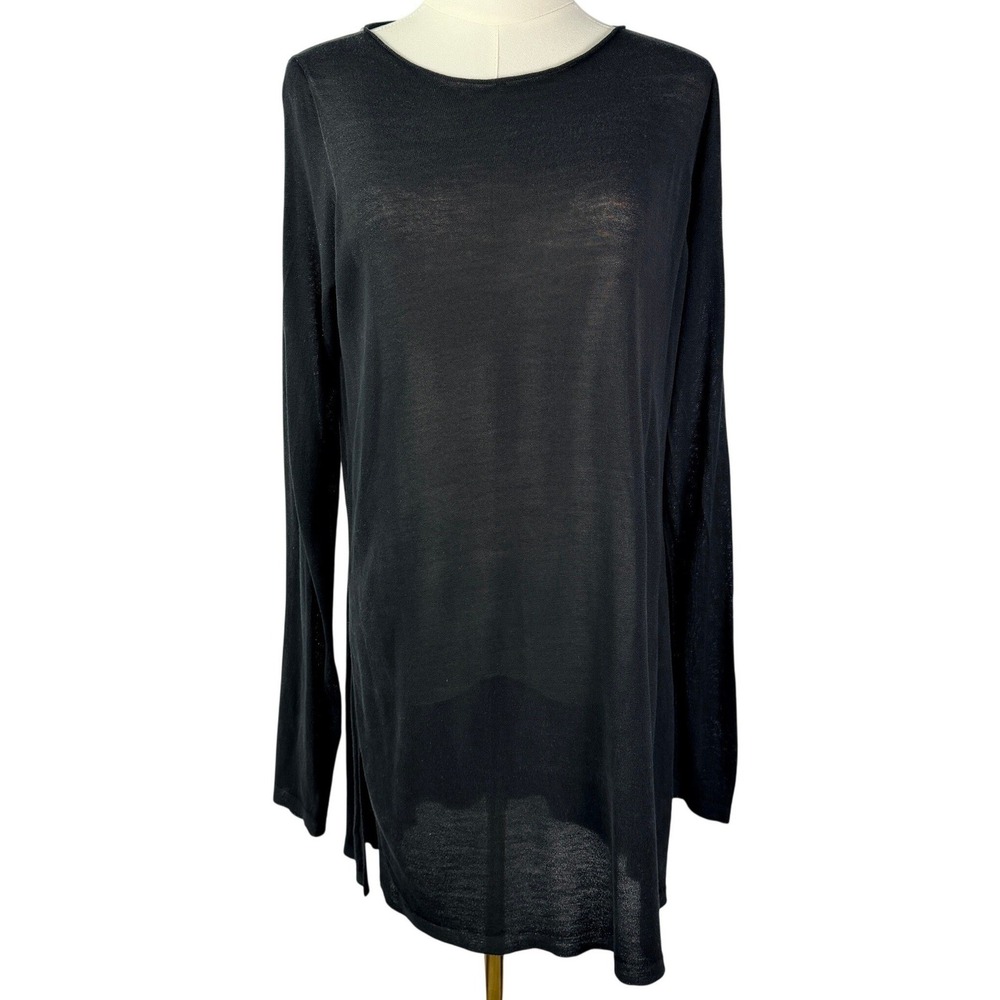 Eileen Fisher Black Sheer Long Sleeve Tunic Sweater Side Slits Lightweight Knit